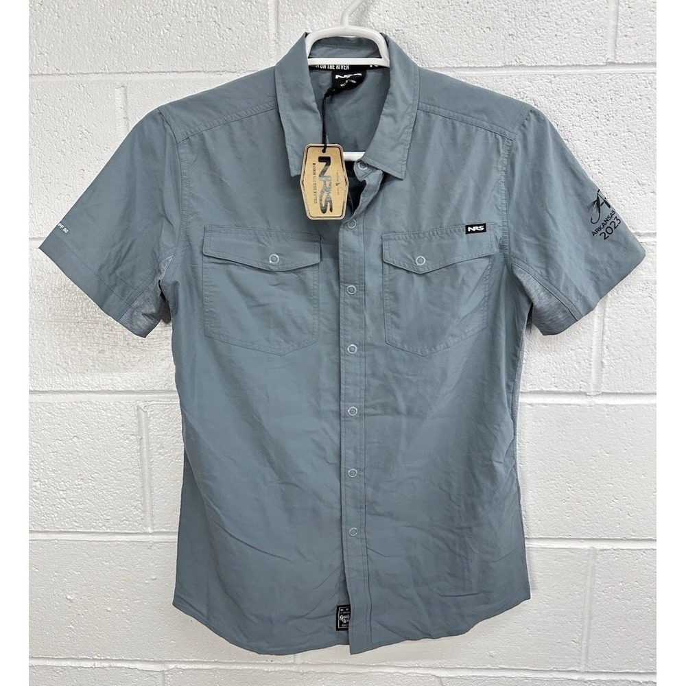 NRS Guide Short Sleeve Shirt Lead Blue Snap UPF 50 Staff Logo / Mens Small